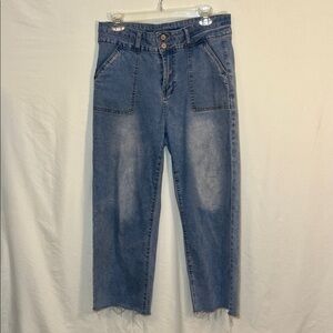 ALLIMY Light Wash High Waisted Wide Leg Jeans Raw Hem Women’s Stretch Size 12